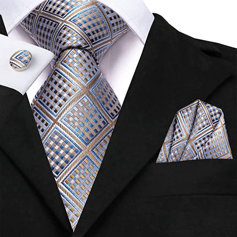 Brown Blue Check Necktie Set-DUB904