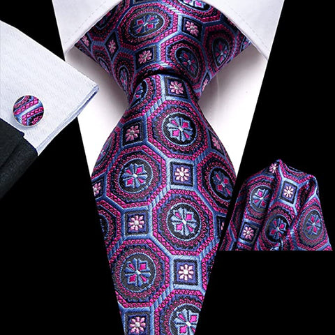 Pink Rose and Blue Necktie Set-DUB906