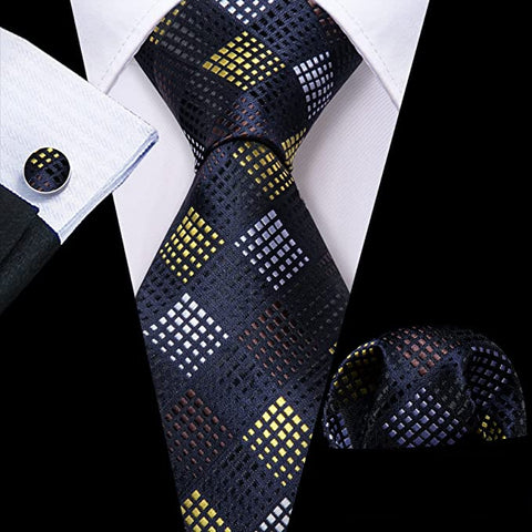 Yellow Brown Grey Square Necktie Set-LBW1021