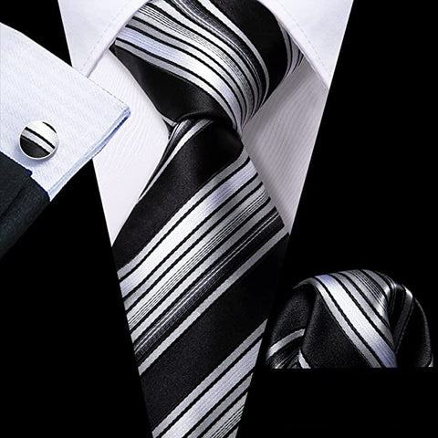 Black Silver Grey Stripe Necktie Set-LBW1023