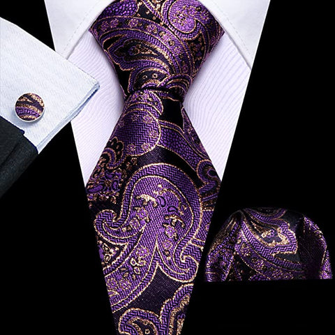 Purple and Black Silk Necktie Set-LBW1031