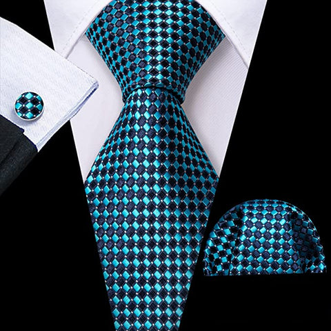 Blue and Teal Square Necktie Set-LBW1070