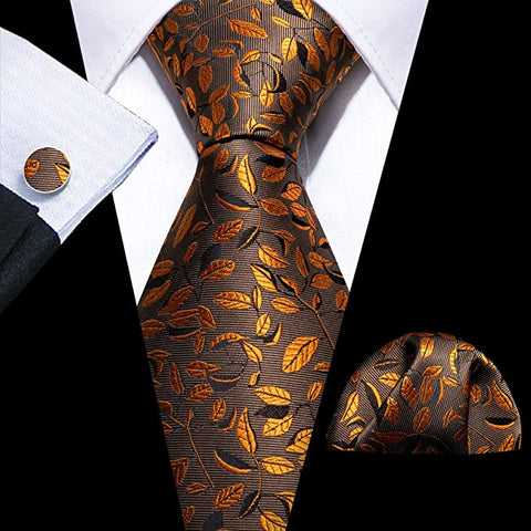 Rust and Black Leaf Necktie Set-LBW1089