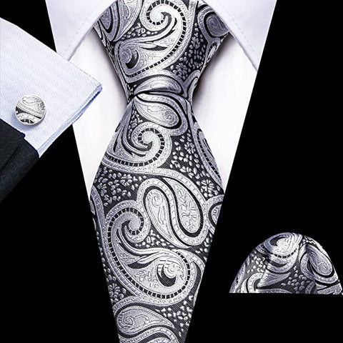 New Grey and Black Paisley Necktie Set-LBW1115