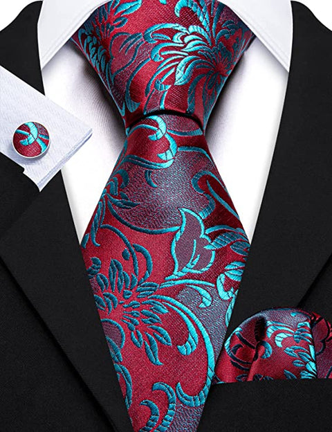 Maroon and Sky Blue Floral Necktie Set-LBW1120