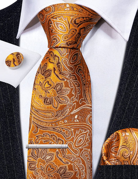 Orange Paisley Silk Necktie Set-LBW1134