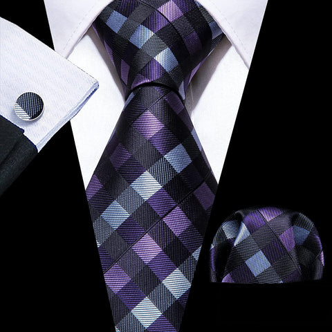 Deep Purple and Grey Plaid Necktie Set-LBW1241