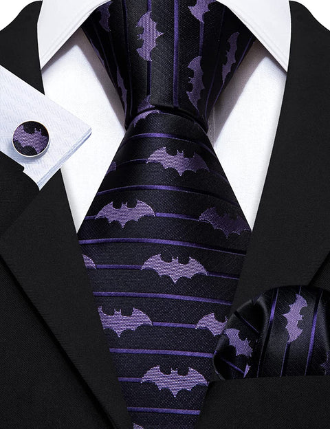 Lavender and Black Bat Pattern Necktie Set-LBW1292