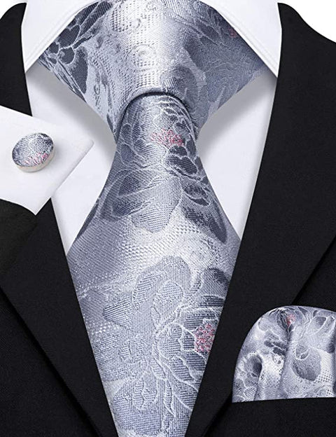 Silver Grey Floral Silk Necktie Set-LBW558