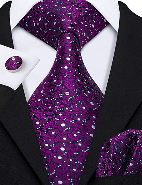 Purple White Floral Silk Necktie Set-LBW567