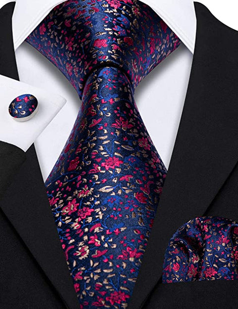 Blue Red Gold Floral Silk Necktie Set-LBW570