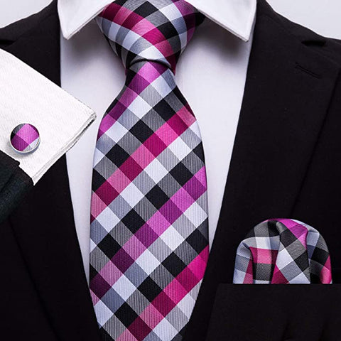 Pink Black White Silver Plaid Tie Set-LBW642