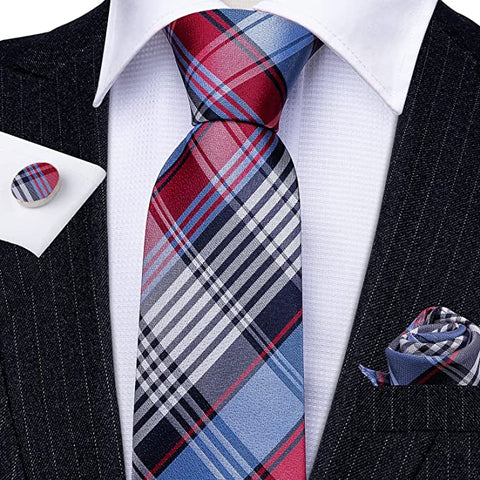 Blue Red Grey Silk Necktie Set-LBW726