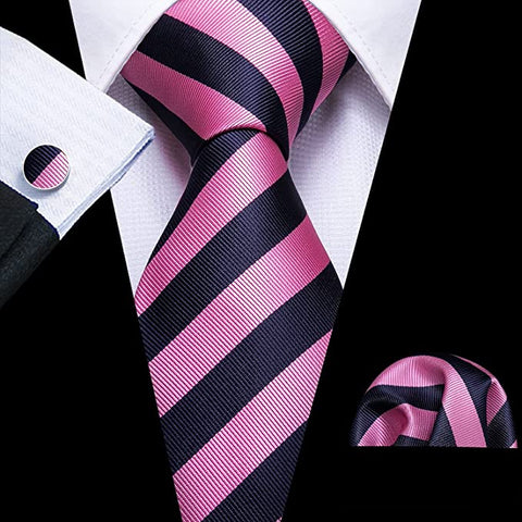 Navy Blue and Pink Stripe Silk Necktie Set-LBW731