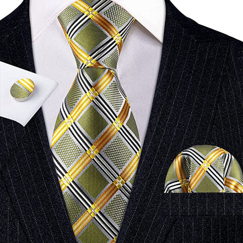 Olive Green Yellow and Black Necktie Set-LBW903