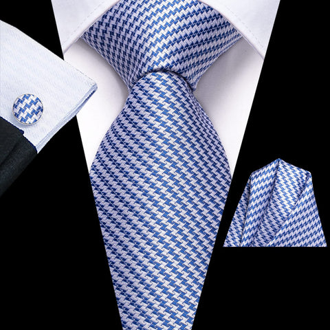 Blue Houndstooth Silk Necktie Set-LBWH1138