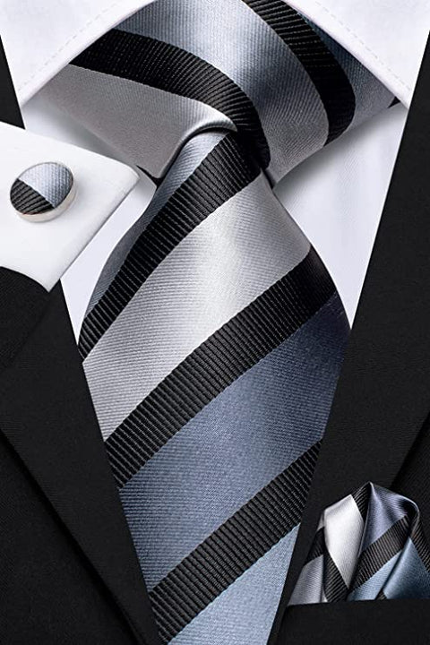 Silver Dark Grey Black Striped Silk Necktie Set-LBWH1218