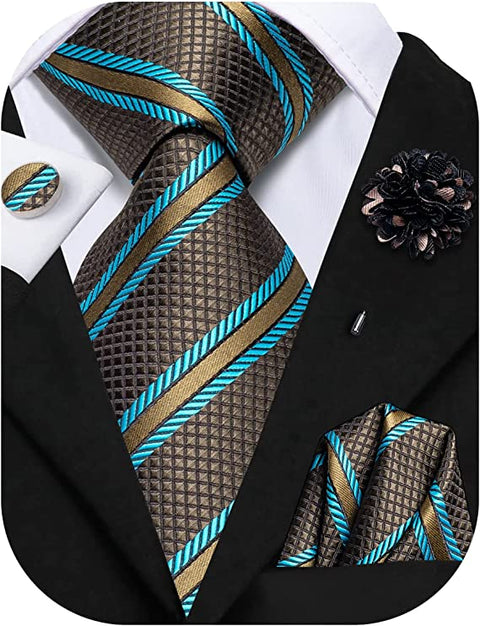 Brown and Teal Striped Necktie Set-LBWH1232