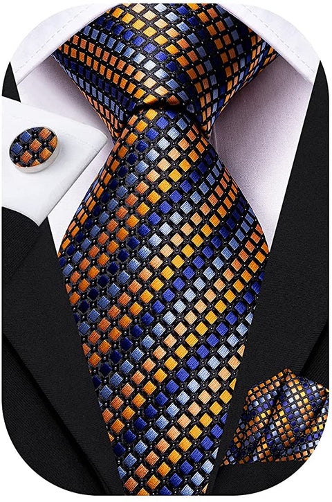 Multi Color Orange Blue Silk Necktie Set-LBWH695