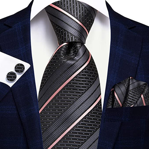 New Dark Grey Black and Pink Stripe Necktie Set-LBWH897