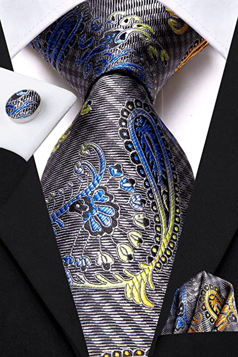 Grey Gold Blue Plaid Paisley Necktie Set-LBWH987