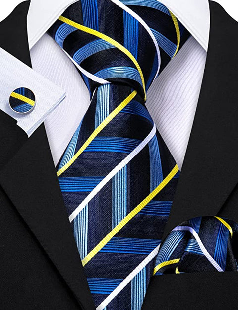 Blue Yellow White Stripe Necktie Set-LBWY1002