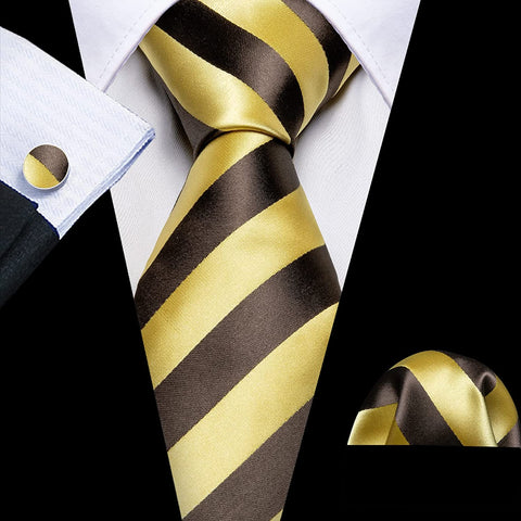 Gold and Brown Striped Silk Necktie Set-LBWY1236