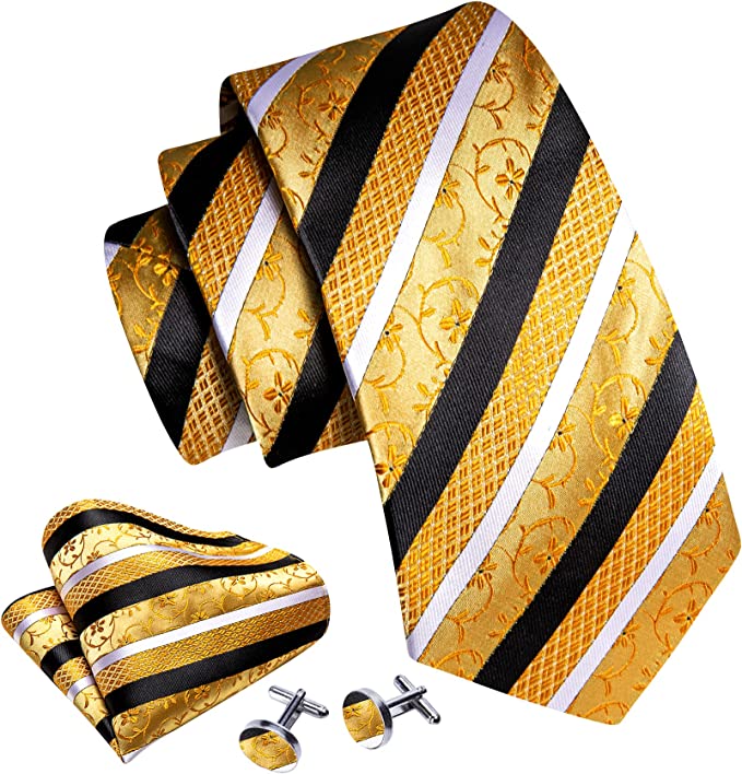 Gold Black White Stripe Floral Necktie Set-LBWY1264