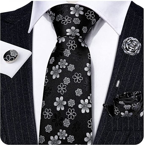 Black and Grey Floral Silk Necktie Set-LBWY800