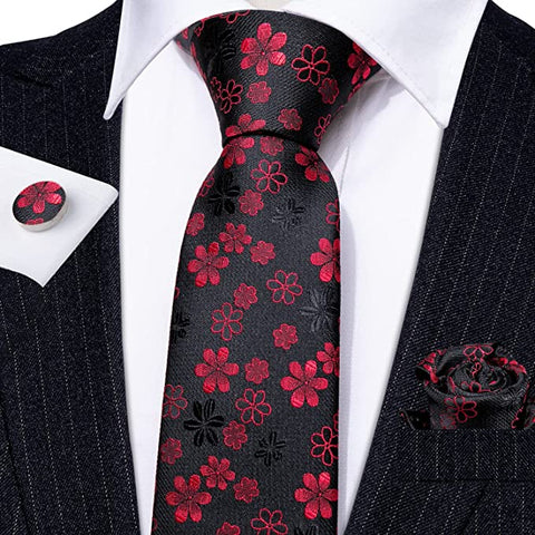 Black and Burgundy Floral Silk Necktie Set-LBWY802